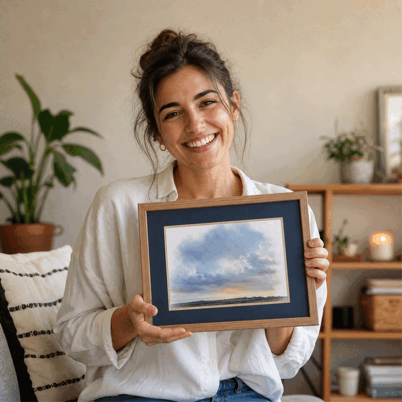 A customer smiling with their weather certificate