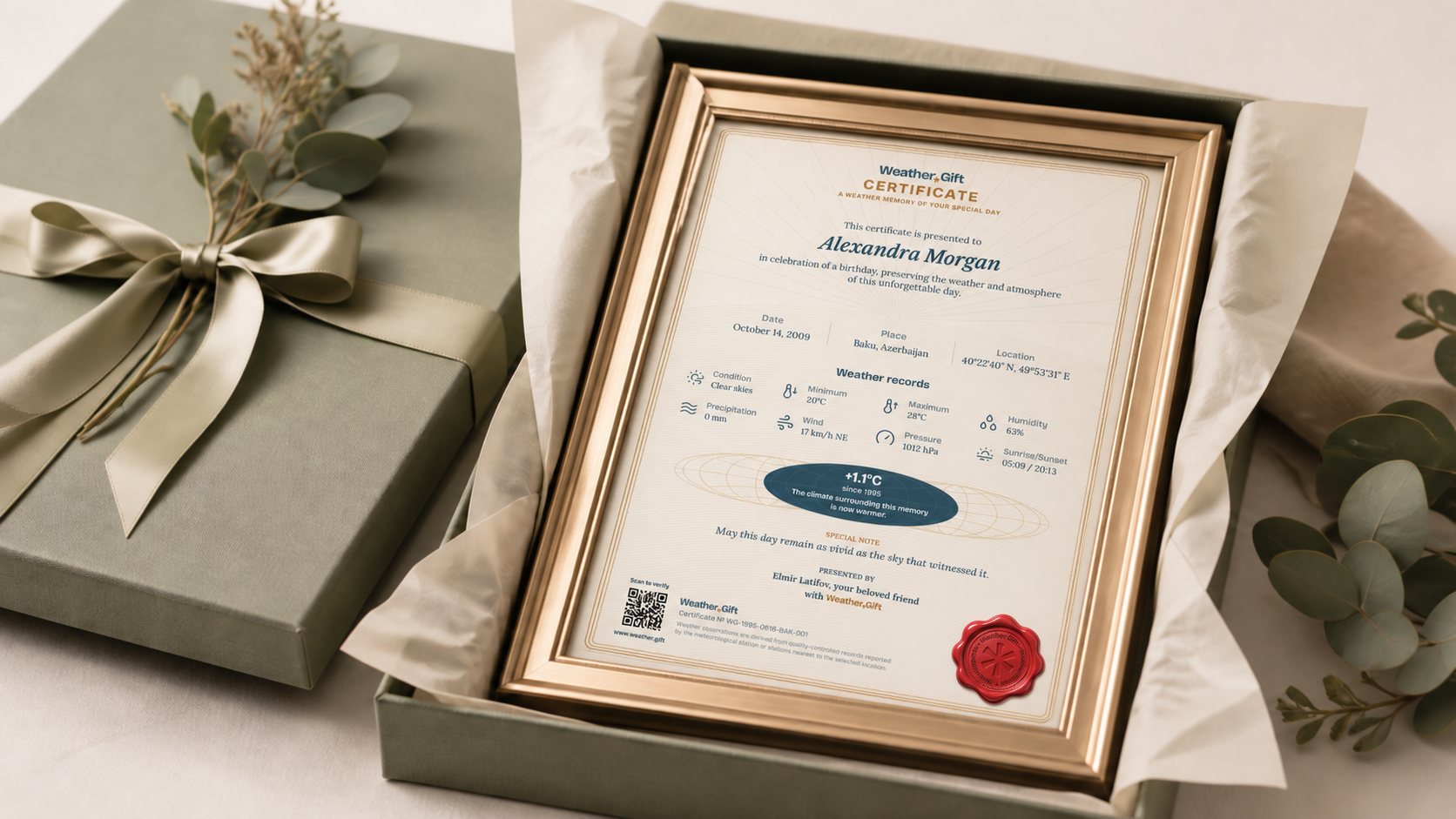 Premium framed weather certificate presented as a gift